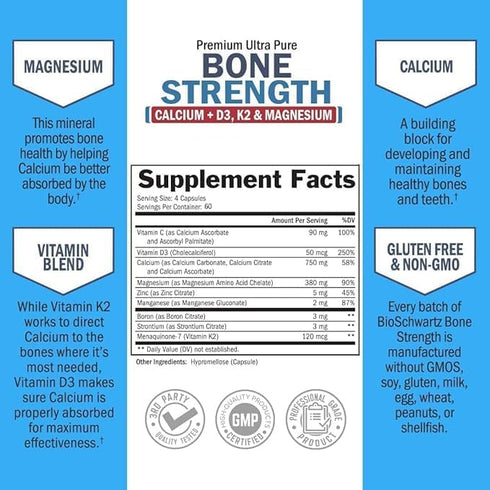 Bone Strength Supplement with Calcium, Magnesium, Vitamin D3, K2 & Zinc - 240 Veggie Capsules