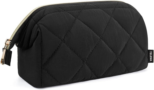 Telena Puffer Makeup Bags for Women: Nylon Puffy Padded Makeup Organizer Case, Wide-Open Travel Pouch