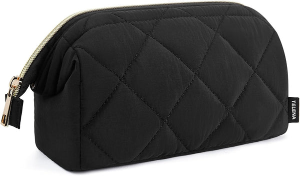 Telena Puffer Makeup Bags for Women: Nylon Puffy Padded Makeup Organizer Case, Wide-Open Travel Pouch