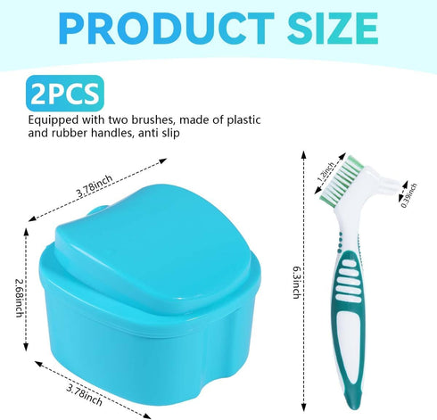 2 Pack Denture Bath Case Cup Holder, Storage Container with Cleaner Brush for Travel Cleaning (Light Blue and Blue)