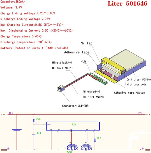 3.7V Lipo Battery 380mAh Rechargeable Lithium ion Polymer Battery 501646 Lithium Polymer ion Battery with JST Connector