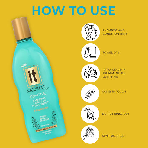 IT Naturals Argan Oil 12-In-One Leave In Treatment 10.2oz | Repairs, Protects & Strengthens Hair | Moisturizing &