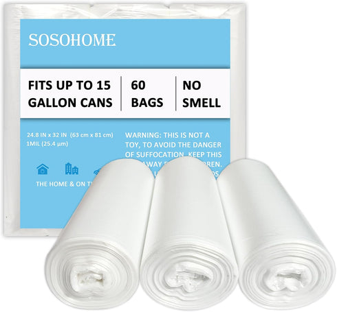 15 Gallon Trash Bags, 1 MIL Ultra Strong Tall Kitchen Garbage Bags, Unscented Trash Can Liners, 60 Count