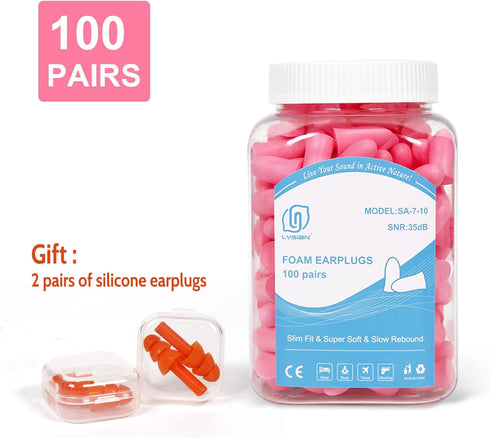 LYSIAN Slim Size Foam Ear Plugs - Noise Reduction Earplugs for Women, Kids, 35dB SNR for Sleeping, Snoring, 100 Pairs