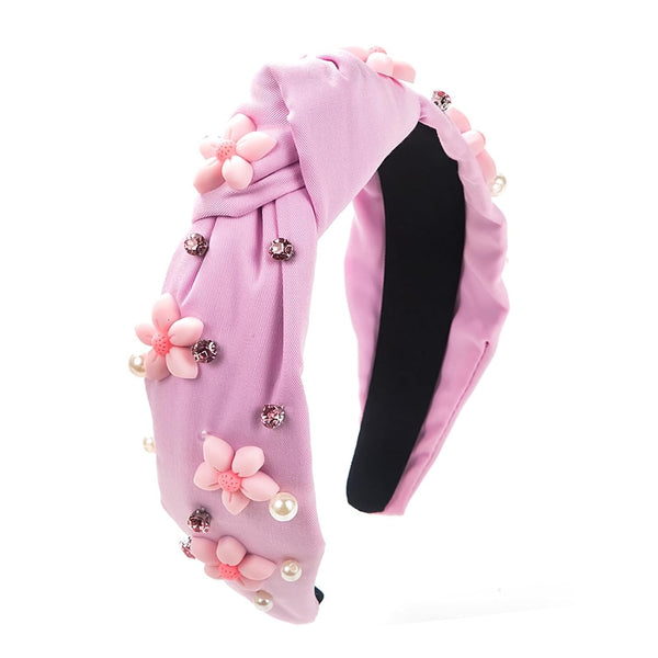 Pink Knotted Headband for Women Girls, Cute Flower Sparkle Rhinestone Floral Jeweled Twisted Hairband Fashion