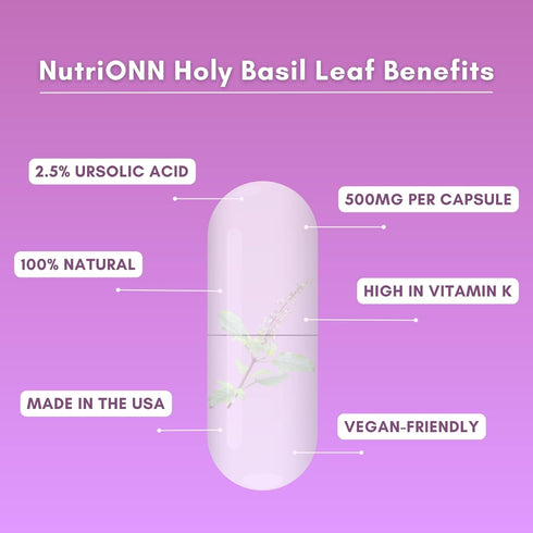 Holy Basil Leaf Capsules, 500mg, 120 Vegan Capsules, Real Tulsi Extract Supplement for Positive Mindset