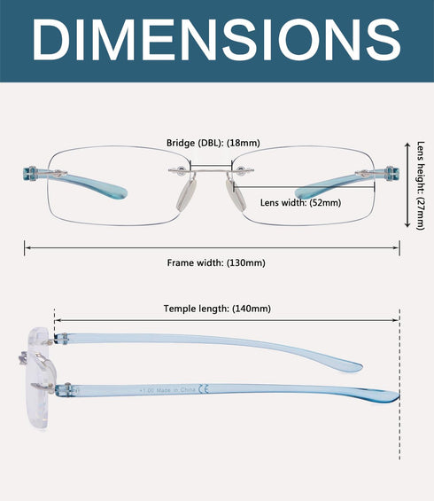 BLUELESS Rimless Small Reading Glasses for Men and Women (Transparent)