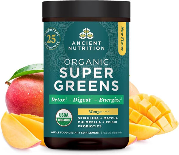 Ancient Nutrition SuperGreens Powder with Probiotics - Organic Mango Flavor Greens, Digestive and Energy Support, Made