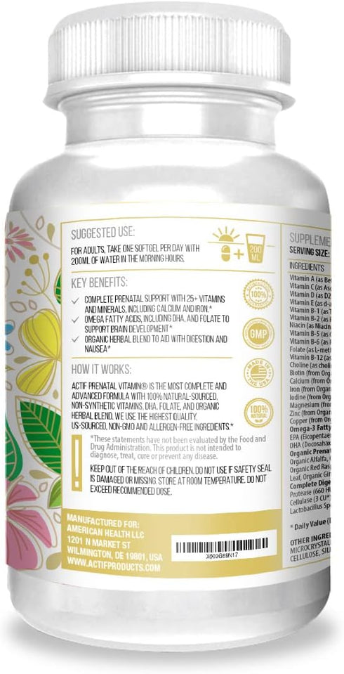 Actif Organic Prenatal Vitamin, 25+ Organic Vitamins, DHA, EPA, Omega 3, 90 Count