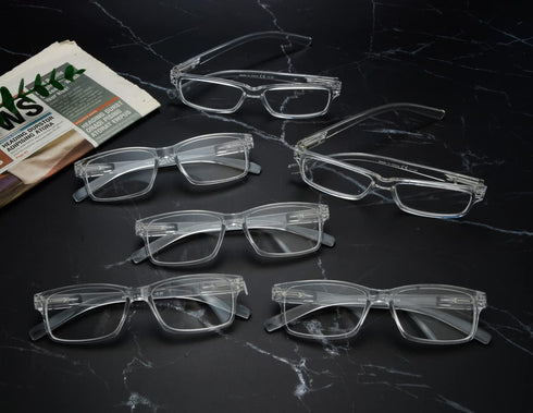 LUR READING GLASSES 6 Pack Comfort Plastic Readers with Spring Hinge (Clear)