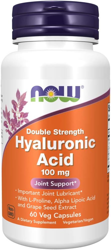 NOW Supplements Hyaluronic Acid 100 mg, Double Strength with L-Proline, 60 Veg Capsules