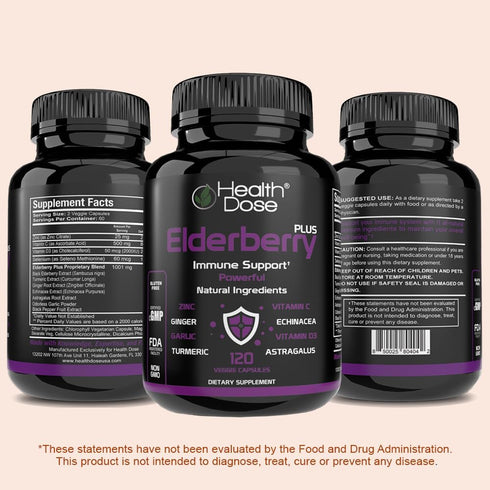 Elderberry Plus Capsules – Immune Support Supplement with Vitamins C, D3, Zinc, Selenium, 120 Veggie Capsules