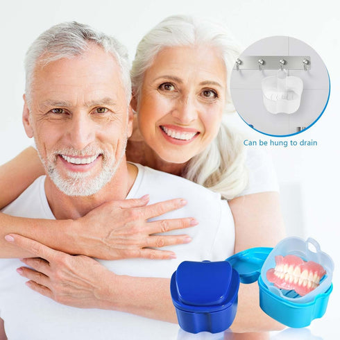 Blue Denture Bath Case Cup Holder, Storage Container with Cleaner Brush and Strainer Basket for Travel Cleaning