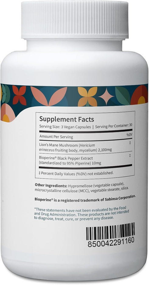 Pattern Wellness Lion's Mane Supplement - Brain Health SuperFood Mushroom - Cognitive & Cell Support - 3rd Party Lab Tested - 90 Vegan Capsules