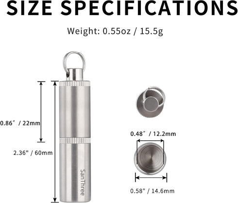 Keychain Pure Titanium Pill Holder - Portable Small 2 Compartment Waterproof Pill Box for Travel Emergency