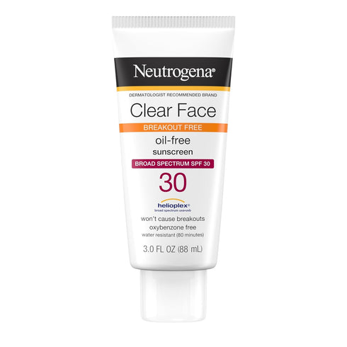 Neutrogena Clear Face Liquid Sunscreen, 3 fl. oz, Broad Spectrum SPF 30, Oil-Free, Fragrance-Free for Acne-Prone Skin