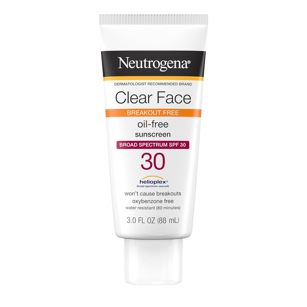 Neutrogena Clear Face Liquid Sunscreen, 3 fl. oz, Broad Spectrum SPF 30, Oil-Free, Fragrance-Free for Acne-Prone Skin
