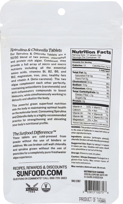 Sunfood Raw Spirulina Chlorella Tablets | 50/50 Blend | Organic & Non-GMO | Natural Vegan Protein | 2 oz Bag | 228