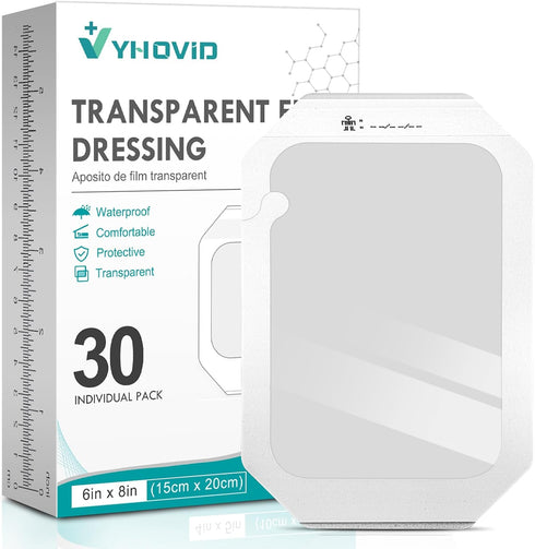 YHOVID 30 Packs Transparent Film Dressing 6'' x 8'' - Waterproof Bandages for