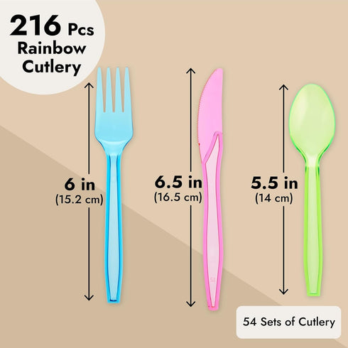 Juvale 216 Piece Rainbow Plastic Silverware Set, Neon Forks, Spoons, Knives for Parties