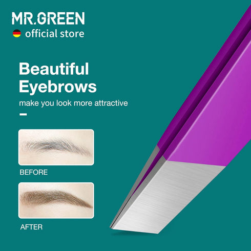 MR.GREEN Colorful Eyebrows Tweezers, Stainless Steel Slanted Makeup Tools for Fine Hair Removal (Purple)