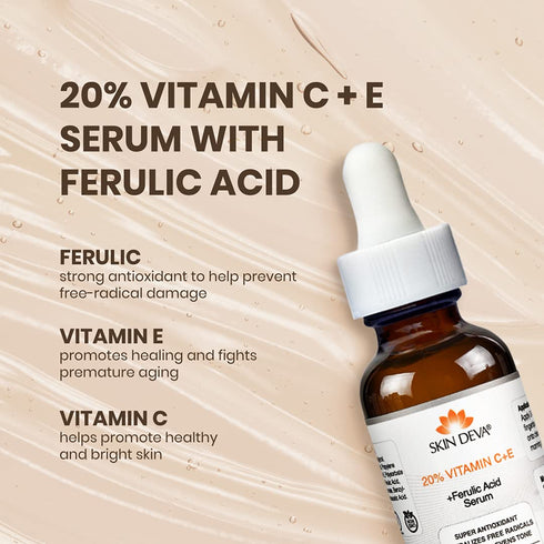 SKIN DEVA 20% Vitamin C Serum for Face with Vitamin E & Ferulic Acid - 1 fl oz 30 ML - Rejuvenates Skin & Brightens