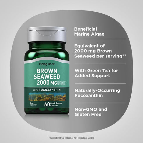 Piping Rock Brown Seaweed Capsules 2000 mg - 60 Count - Fucoxanthin Extract Supplement - Non-GMO, Gluten Free