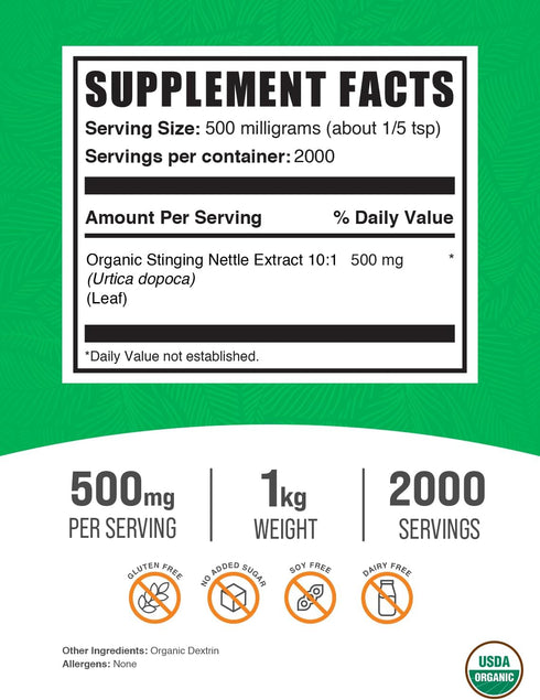 BulkSupplements.com Organic Stinging Nettle Extract - Vegan & Gluten Free Nettle Supplement, 500mg per Serving, 1kg