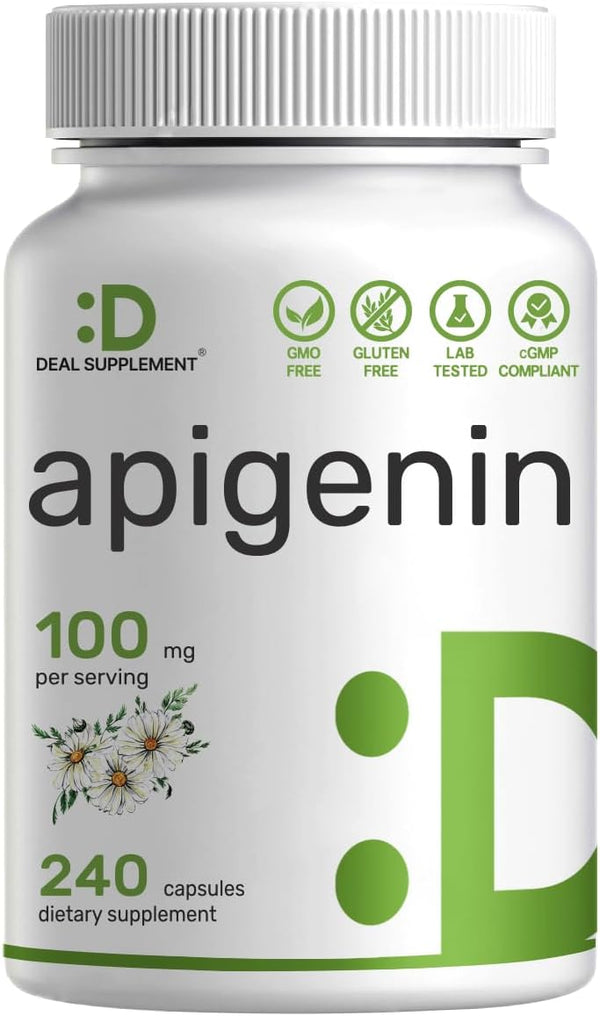 Apigenin 100mg Per Serving - 240 Capsules, Raw Plant Extract from Chamomile Flower, Sleep & Relaxation Supplement