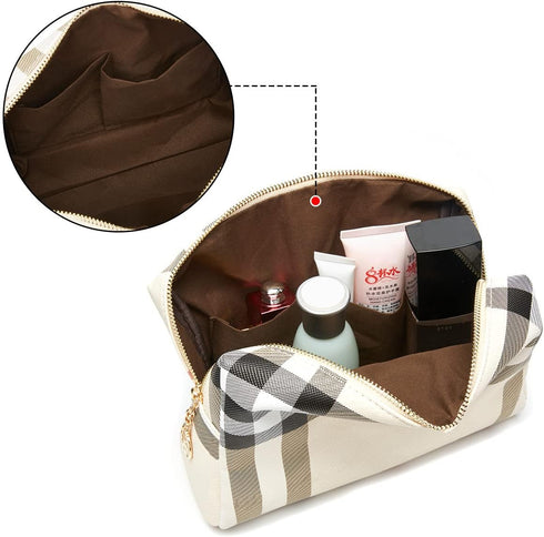 Large Makeup Bag for Purse, Luxury Women Cosmetic Bags Designer Toiletry Travel Organizer (Beige)