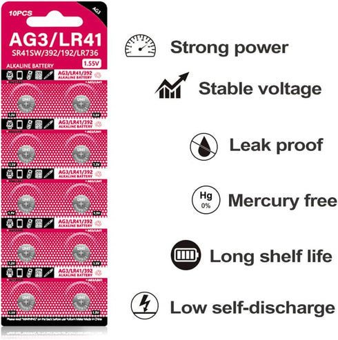 jixik 10PCS AG3 LR41 392 192 1.55V SR41SW L736 CX41 Coin Battery Button Cell Coin Alkaline Battery for Watch No Mercury