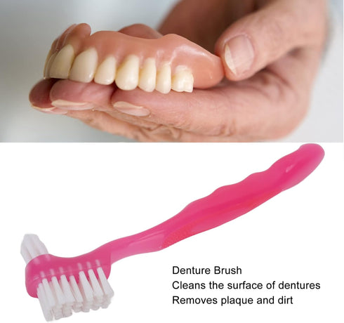 Double Sided Denture Cleaning Brush, Portable Plaque Removal Toothbrush for Home & Travel (Pink)