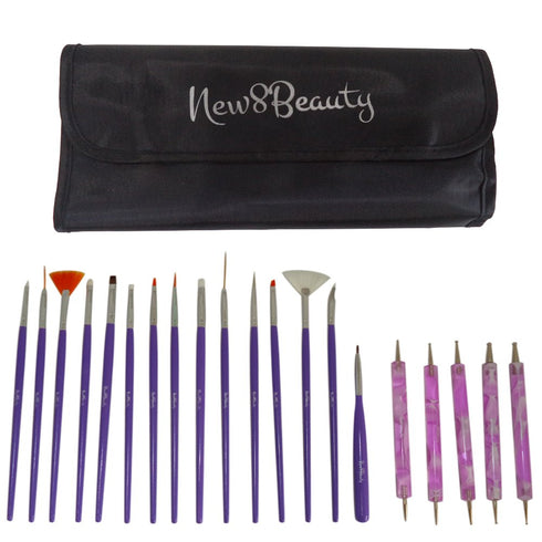 Nail Art Brushes 20pc Kit Set with Roll-Up Pouch, Dotting Pens, Marbling Detailing, Best for Nail Art and Facial