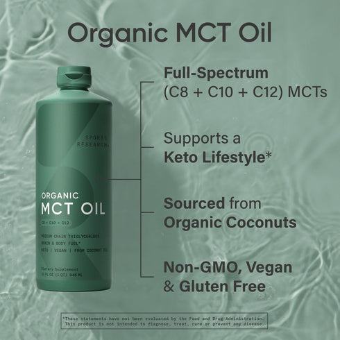 Sports Research Keto MCT Oil - Organic Coconuts, Non-GMO Vegan, Unflavored, 32 Oz - C8, C10, C12 MCTs for Body & Brain