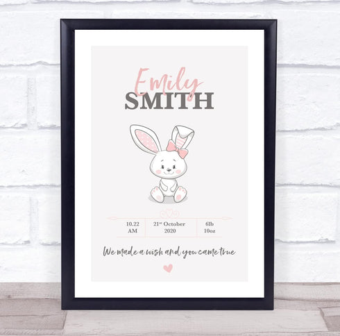 The Card Zoo New Baby Birth Details Christening Nursery White Rabbit Girl Keepsake Gift Print