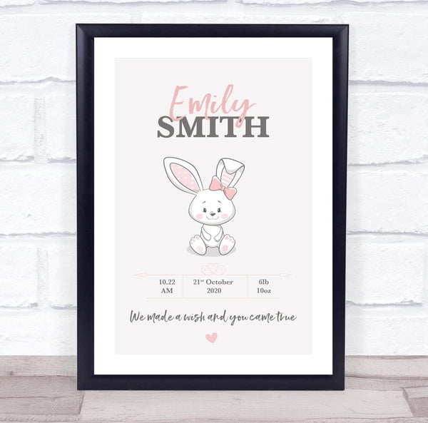 The Card Zoo New Baby Birth Details Christening Nursery White Rabbit Girl Keepsake Gift Print