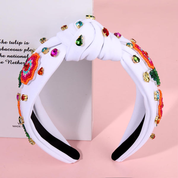 Summer Headband for Women, Beaded Flower Palm Leaf Watermelon Fruit Headband, Rhinestone Jeweled Boho Accessories