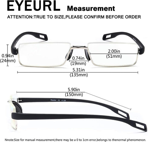 EYEURL Half-Frame Reading Glasses for Men and Women, +1.5 Anti-blue Lightweight Quality Thin Optics Eyeglass