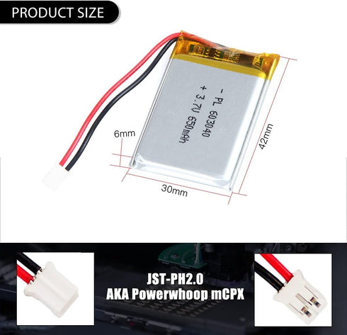 3.7V 650mAh 603040 Lipo Battery Rechargeable Lithium Polymer Ion Battery Pack with PH2.0mm JST Connector