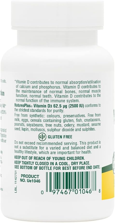 Natures Plus Vitamin D3 (Cholecalciferol) 2500 iu, 90 Softgels - Bone, Heart & Immune Support, Gluten-Free