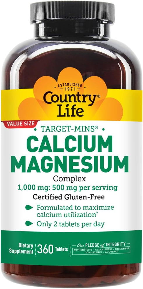 Country Life Target-Mins Calcium Magnesium Supplement for Bone Health, 1000mg Calcium, 500mg Magnesium