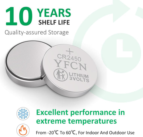 10 Count CR2450 Battery 3V Lithium Battery, 10 Years Shelf Life for Key Fob, Remotes, Flameless Candles