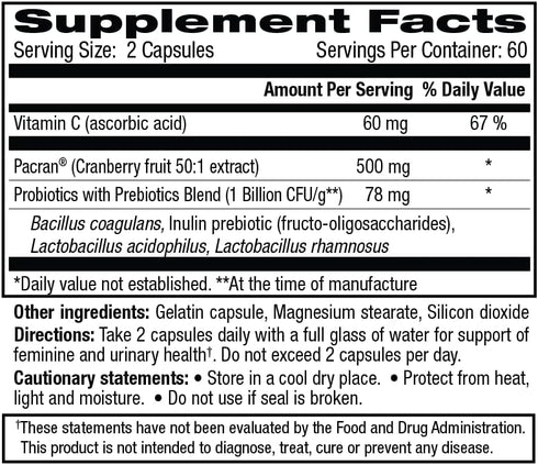 vH essentials Probiotics with Prebiotics and Cranberry, Feminine Health Supplement, 120 Capsules