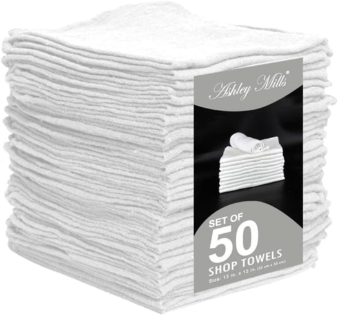Ashley Mills Cotton Shop Towels: Pack of 50, 13x14 in, Absorbent Rags for Automobiles, Industries & Homes