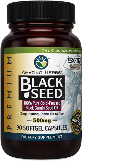 Amazing Herbs Premium Black Seed Oil Capsules - Cold Pressed Nigella Sativa, 90 Count, 500mg