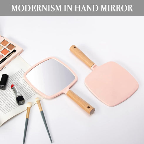YEAKE Hand Held Mirror with Handle for Makeup,Small Cute Wood Hand Mirror for Shaving with Hole Hanging Single-Sided Portable Travel Vanity Mirror for Men&Women(Square,Pink,1Pack) by YEAKE