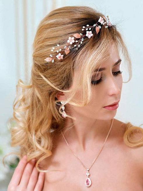 Rose Gold Wedding Headpiece, Flower Hair Vine, Pearl Bridal Crystal Headband for Women