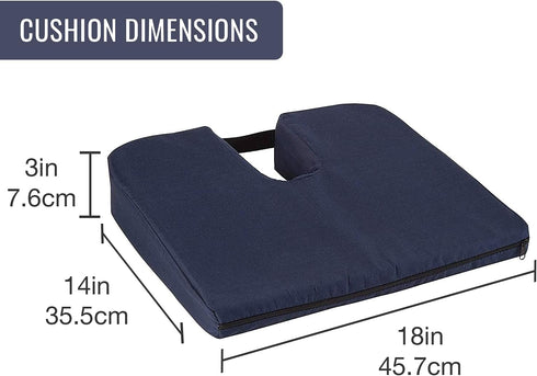 DMI Sloping Back Foam Seat Cushion - Coccyx Pain Relief, Navy, 16 x 18 x 2 – 4 Inches, With Cover