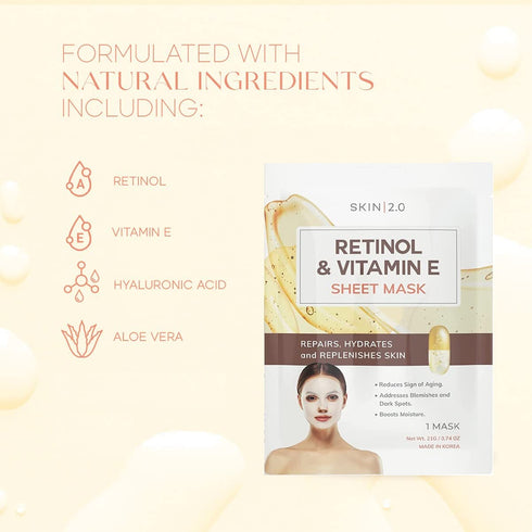 Retinol and Vitamin E Sheet Face Mask, Hydrating Anti-Aging Mask for Diminishing Blemishes and Acne Scars