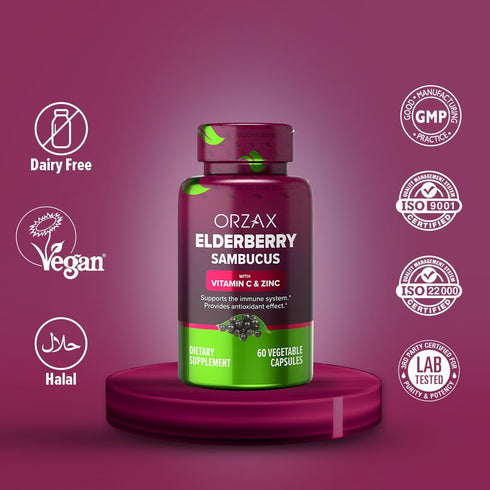 ORZAX Elderberry Capsules, Immune Support Supplement with Vitamin C and Zinc, 60 Vegetable Capsules